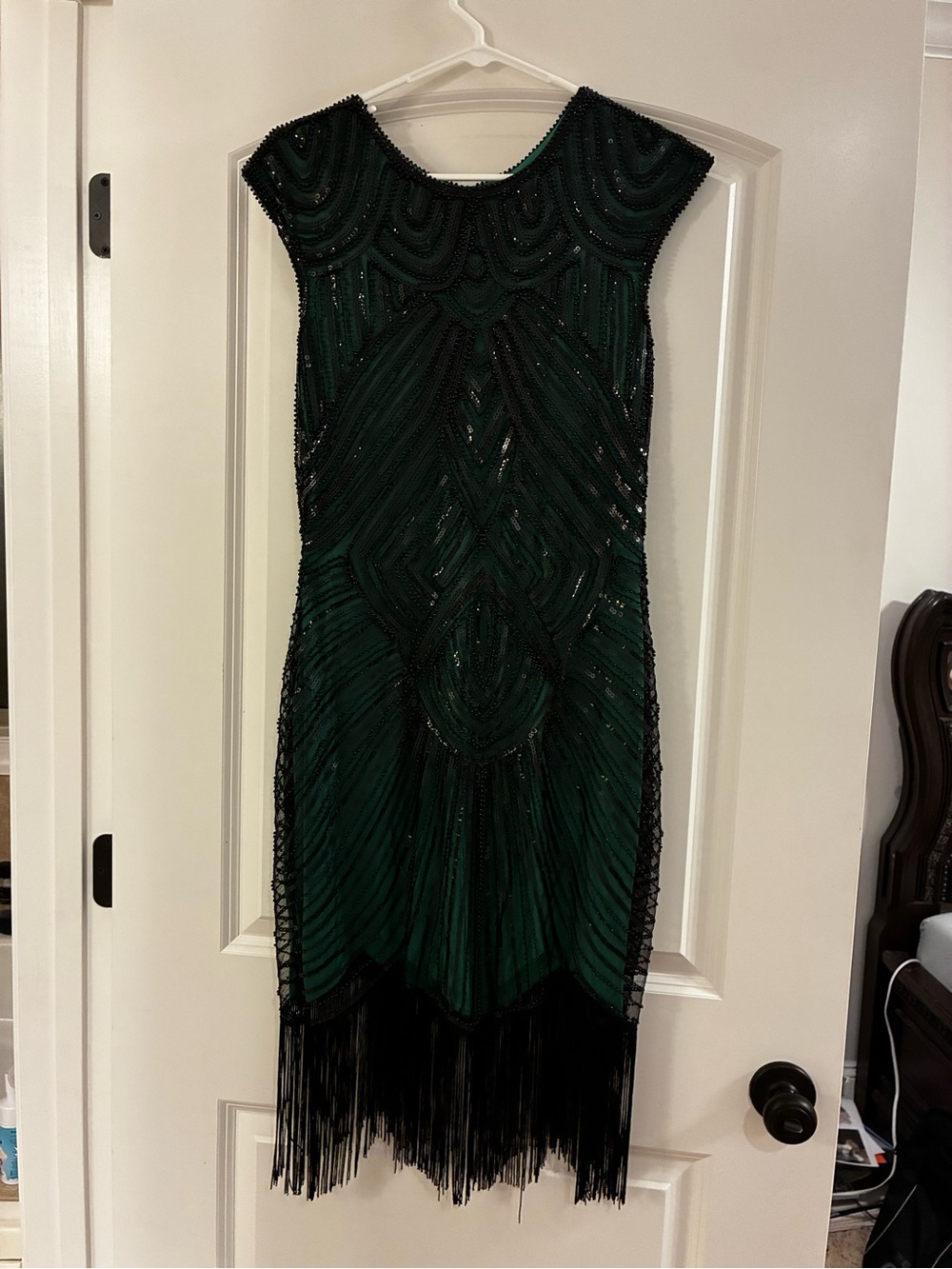 Amazon Emerald Green and Black Beaded Fringe Midi Dress